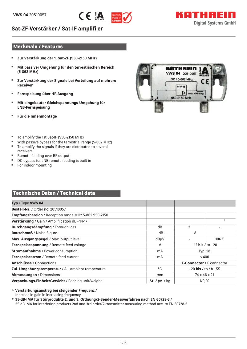 Page 1 de la notice Manuel utilisateur Kathrein VWS 04