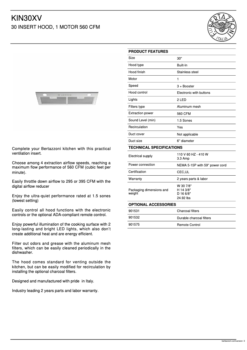 Page n°1 - Fiche technique Bertazzoni KIN30XV