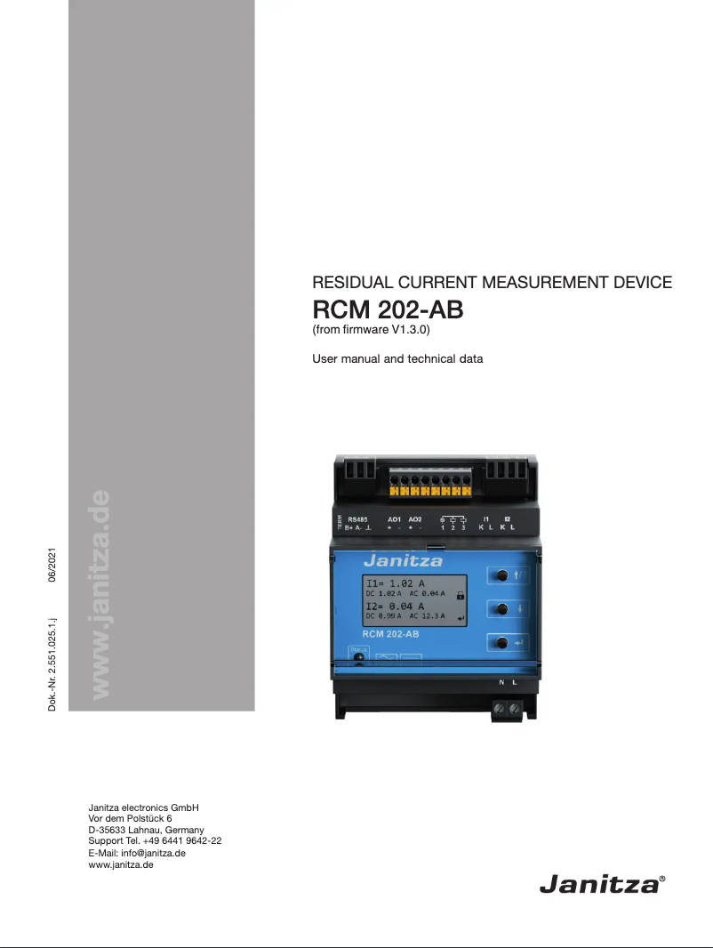 Page 1 de la notice Manuel utilisateur Janitza RCM 202-AB