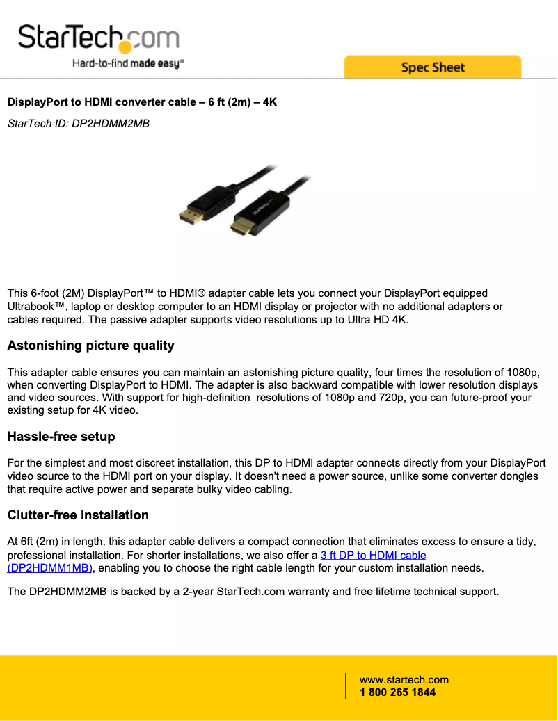 Page 1 de la notice Brochure StarTech.com DP2HDMM2MB