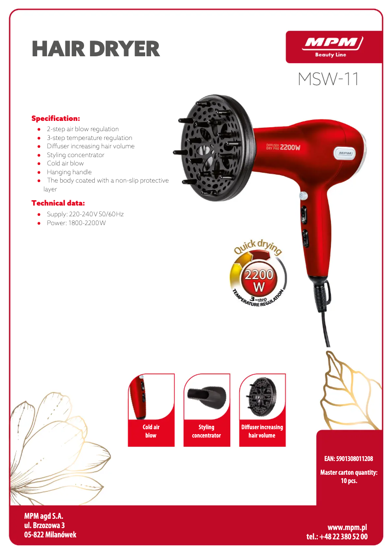 Page 1 de la notice Fiche technique MPM MSW-11