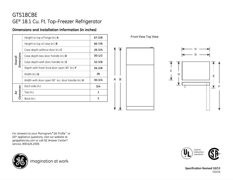 Page n°1 - Fiche technique GE GTS18CBEWW