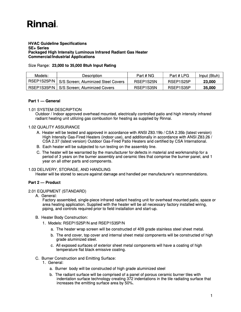 Page 1 de la notice Fiche technique Rinnai RSEP1S25P