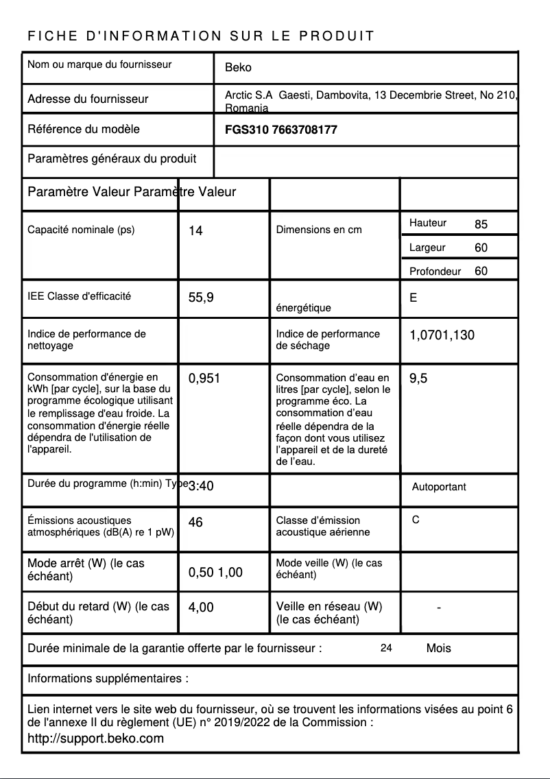Page 1 de la notice Fiche technique Beko FGS310