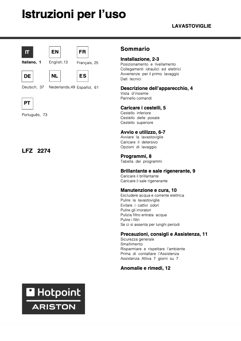 Page n°1 - Manuel utilisateur Hotpoint Ariston LFZ 2274