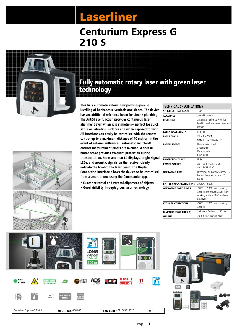Page 1 de la notice Fiche technique Laserliner Centurium Express G 210 S