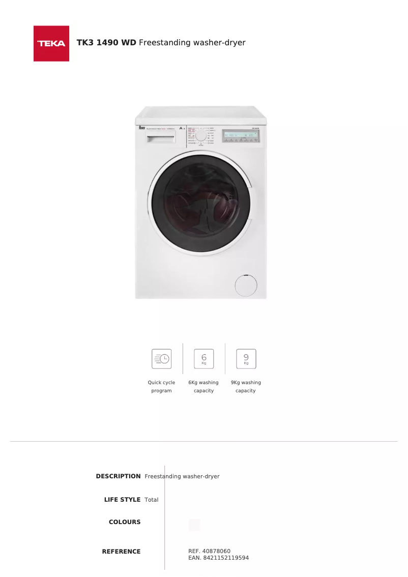 Page 1 de la notice Fiche technique Teka TK3 1490 WD