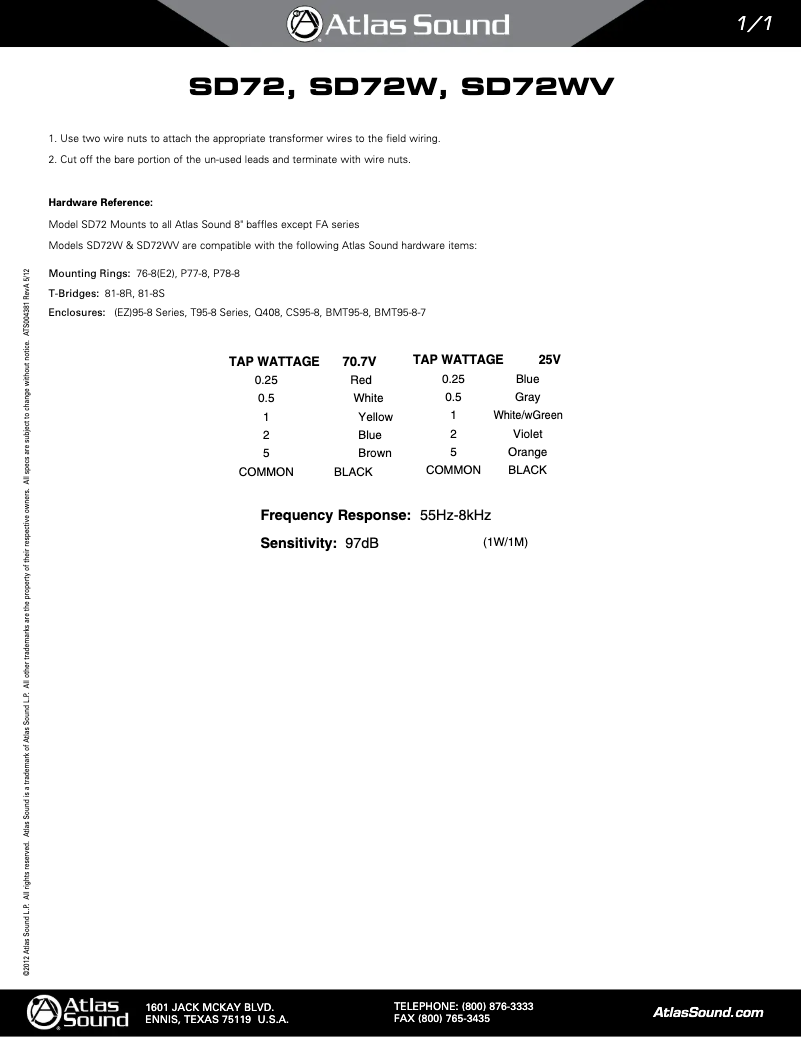 Page 1 of the manual Installation Guide Atlas Sound SD72WV