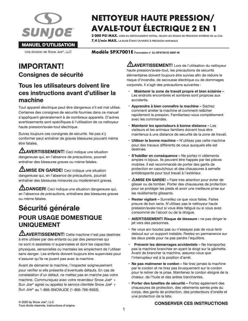 Page n°1 - Manuel utilisateur Sun Joe SPX7001E