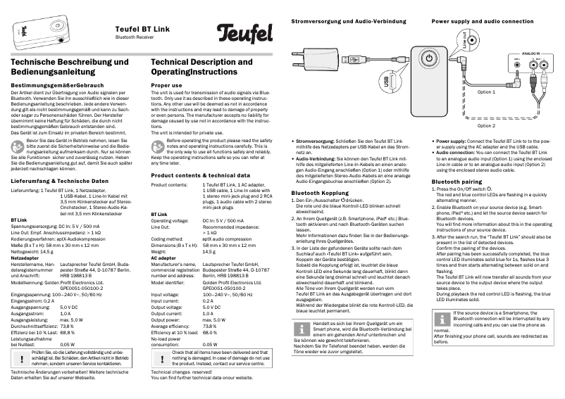 Image de la première page du manuel de l'appareil BT Link