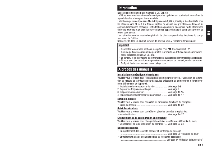 Page 1 de la notice Manuel utilisateur Cateye CC-TR300TW