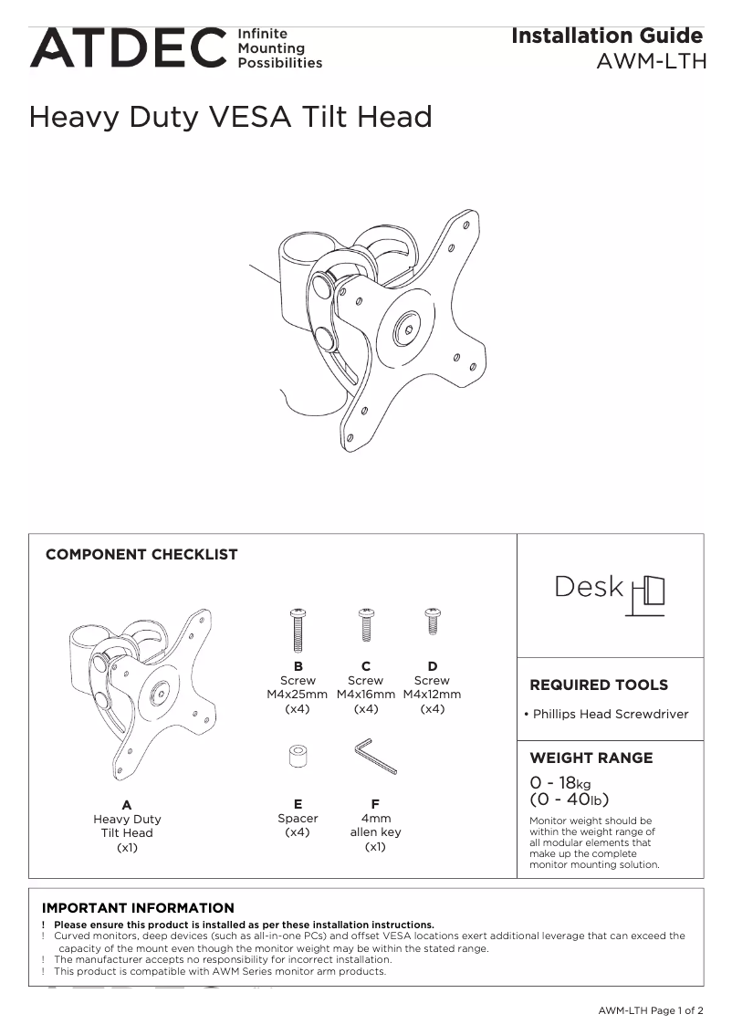 Page 1 of the manual User Manual Atdec Modular AWM-LTH