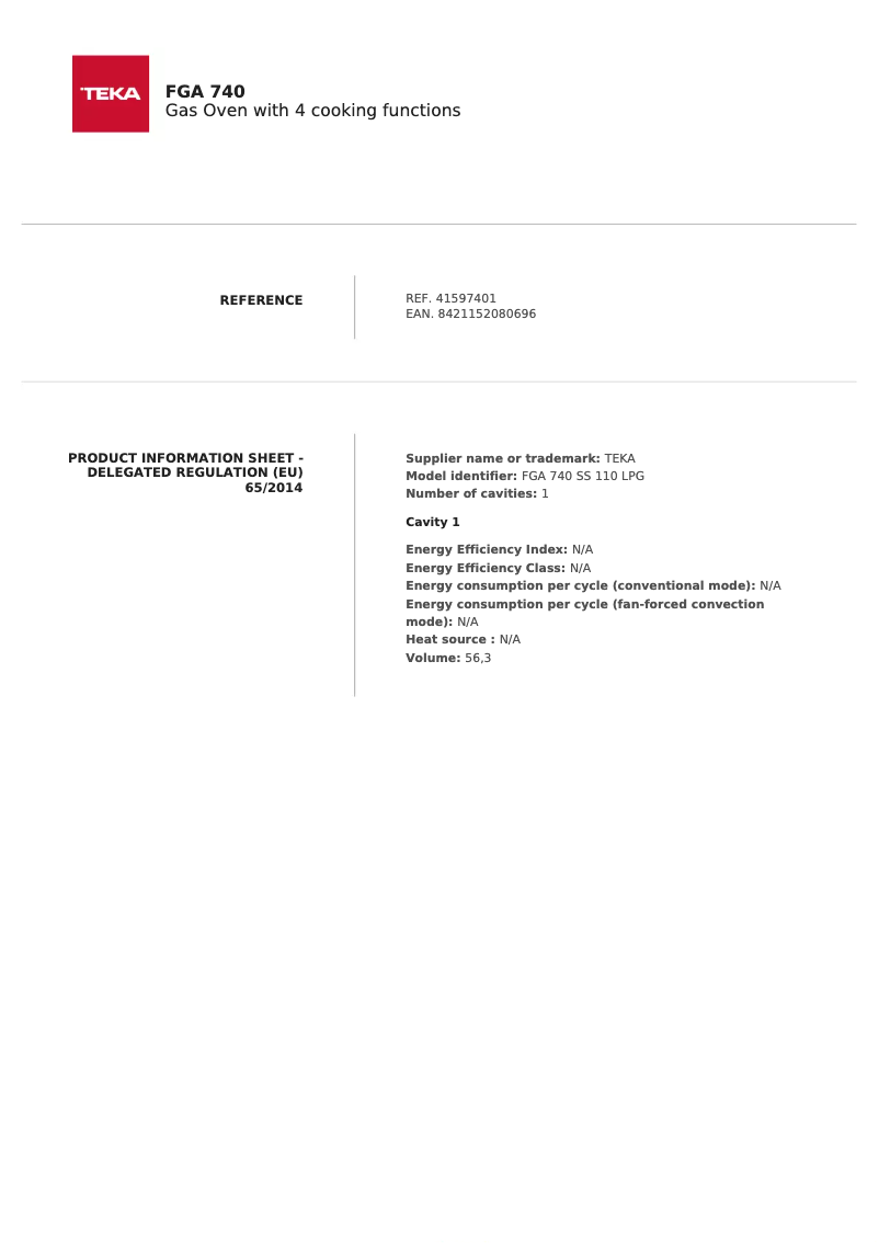 Page n°1 - Fiche technique Teka FGA 740