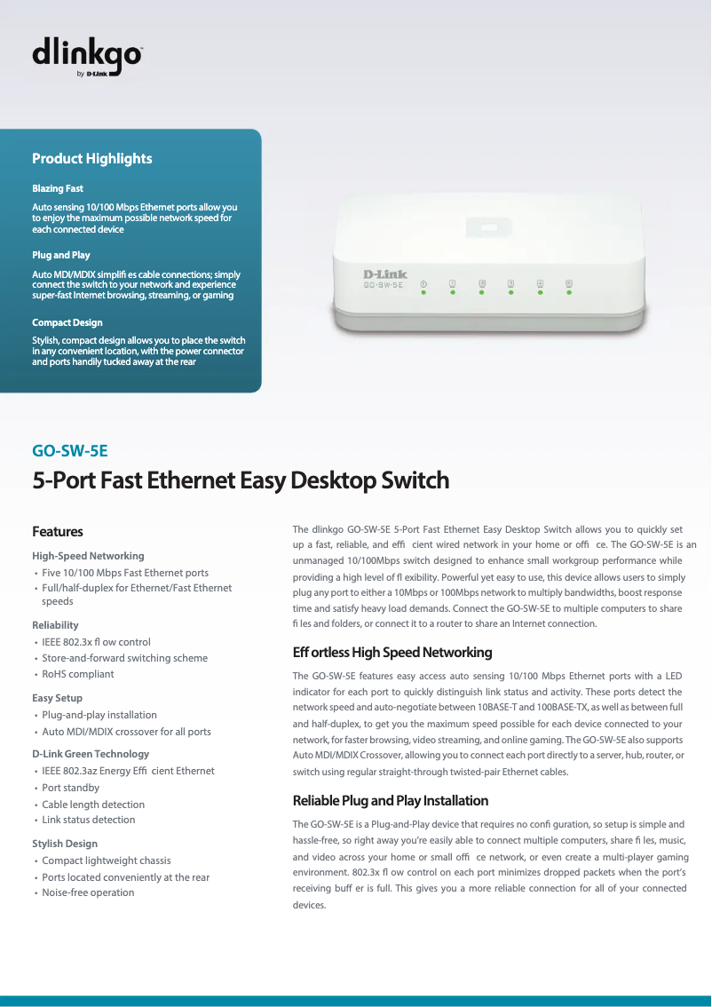 Page 1 de la notice Fiche technique D-Link GO-SW-5E