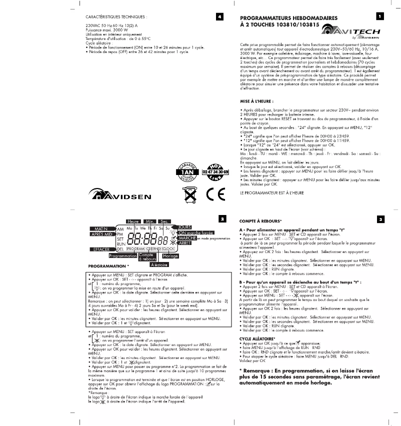 Page n°1 - Manuel utilisateur Avidsen 103810