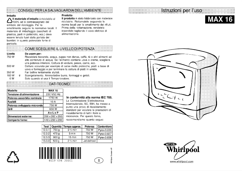 Page 1 de la notice Manuel utilisateur Whirlpool MAX 16/2