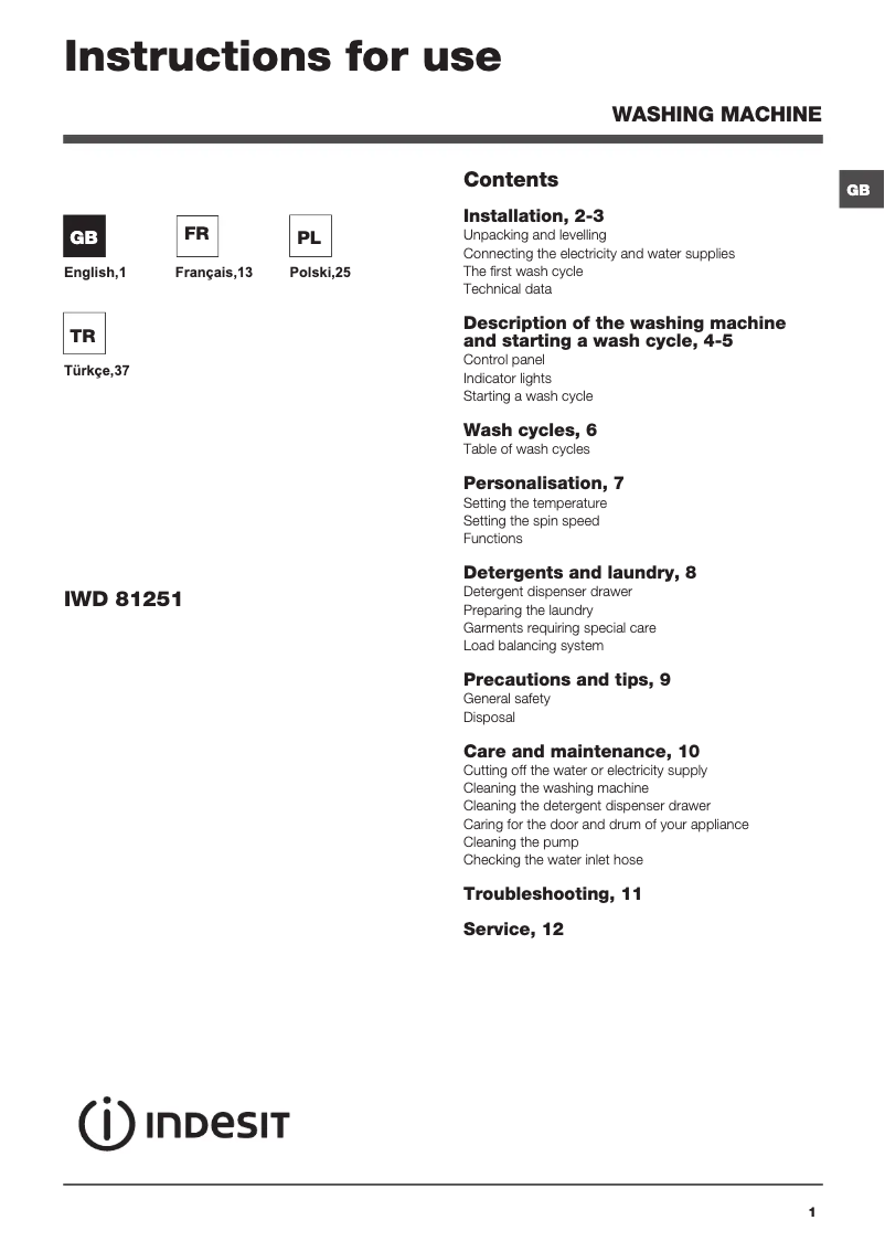 Page n°1 - Manuel utilisateur Indesit IWD 81251 C ECO