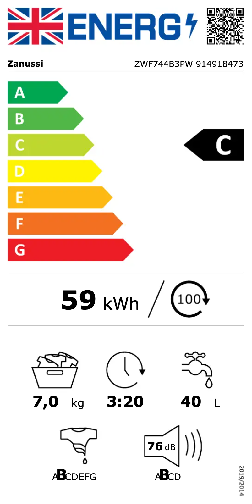 Page n°1 - Label énergétique Zanussi ZWF744B3PW