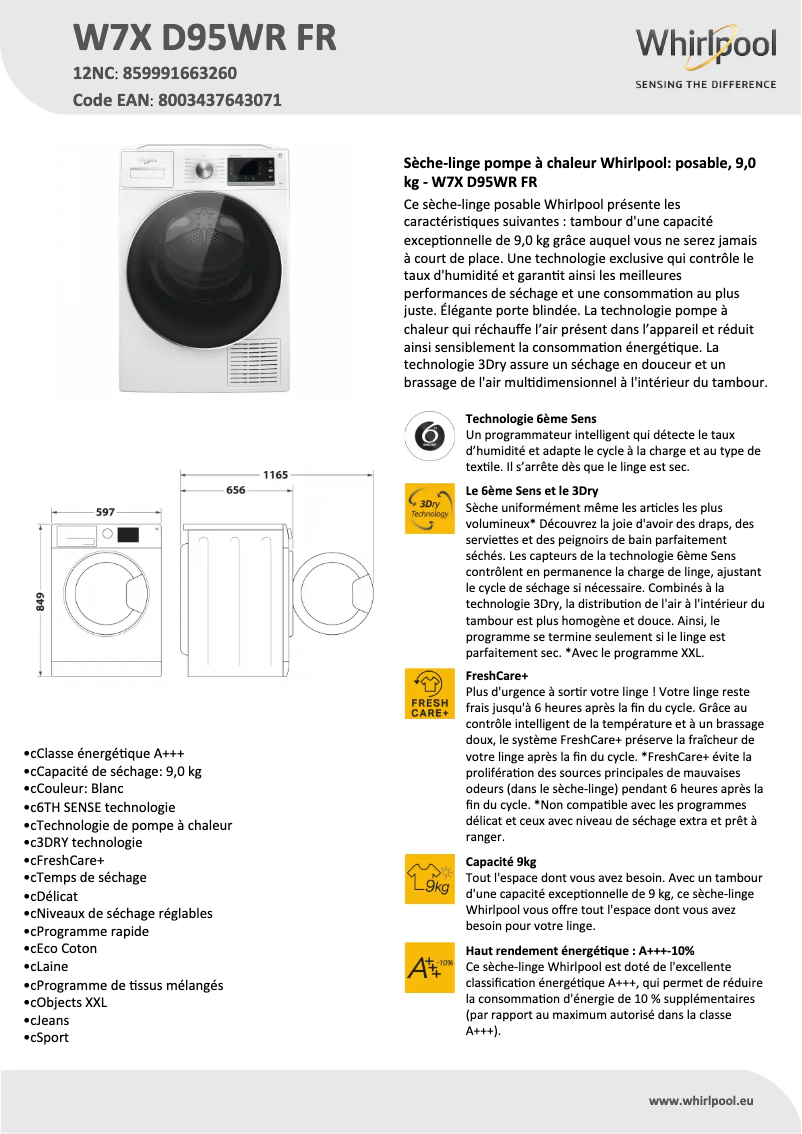 Page 1 de la notice Fiche technique Whirlpool W7X D95WR FR