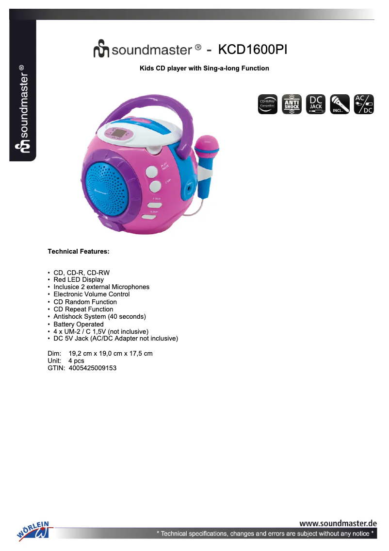 Page 1 de la notice Fiche technique Soundmaster KCD1600