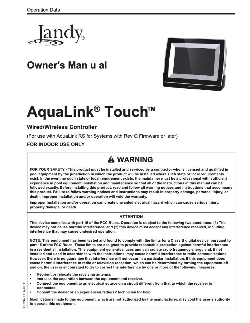 Image de la première page du manuel de l'appareil AquaLink Touch
