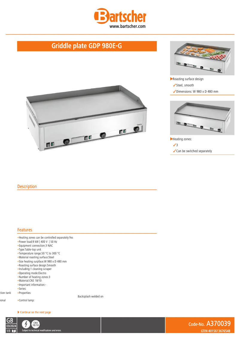 Page n°1 - Fiche technique Bartscher GDP 980E-G