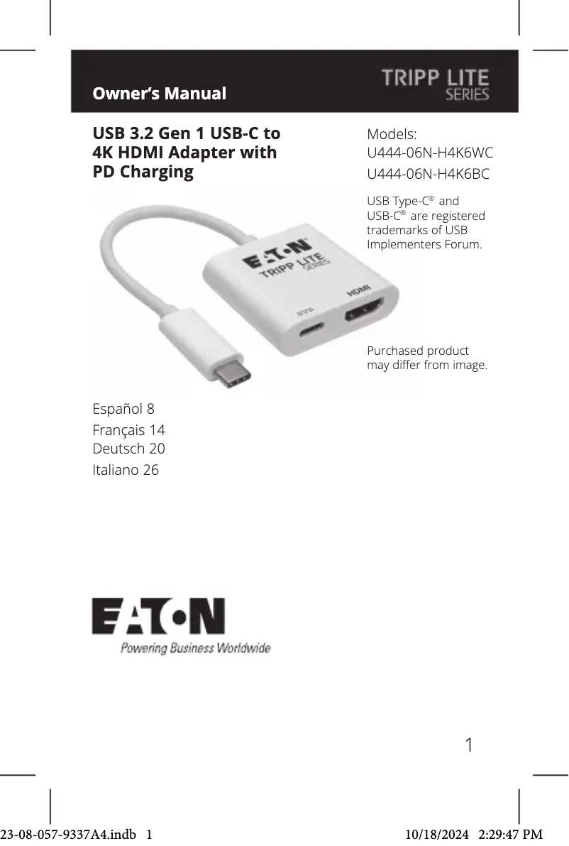 Page n°1 - Manuel utilisateur Tripp Lite U444-06N-H4K6WC