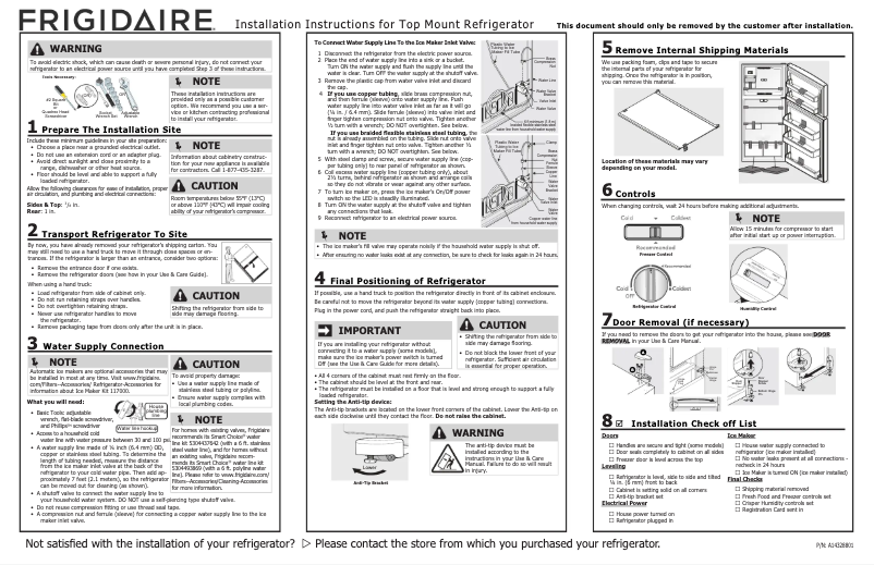 Page 1 de la notice Guide d'installation Frigidaire FFTR2045VS