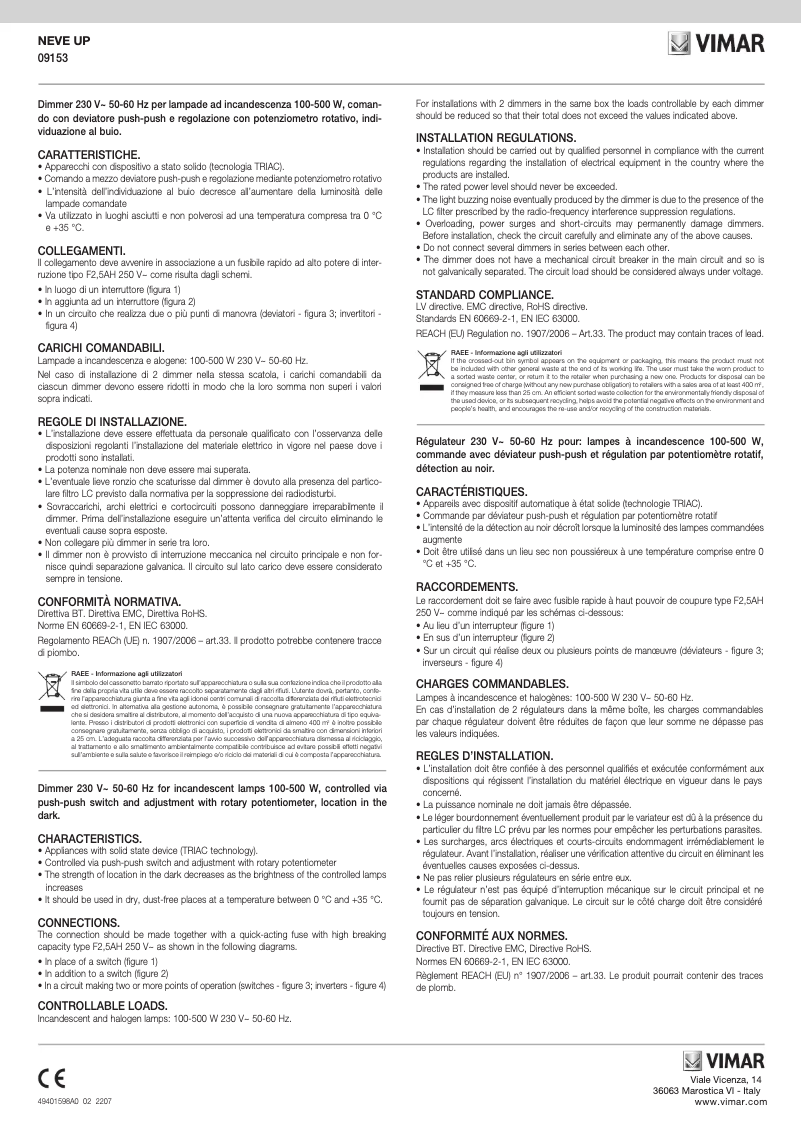 Page 1 de la notice Manuel utilisateur Vimar 09153