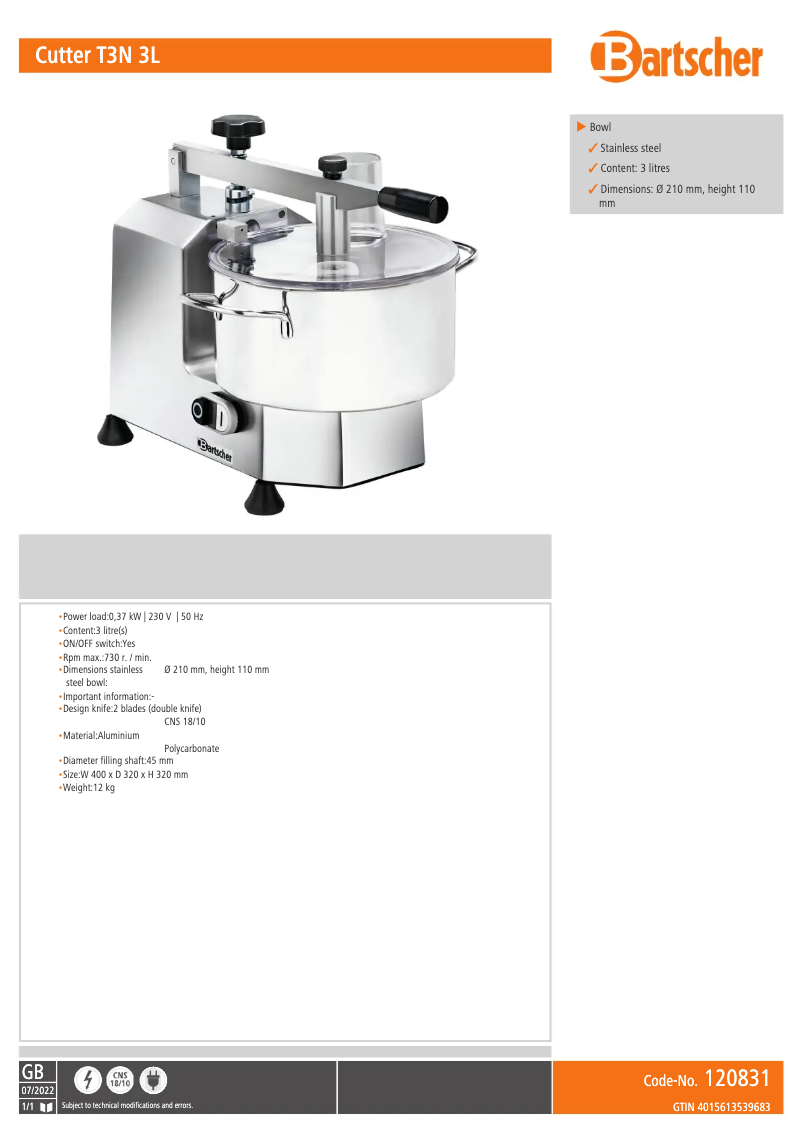 Página 1 del manual Ficha técnica Bartscher T3N 3L