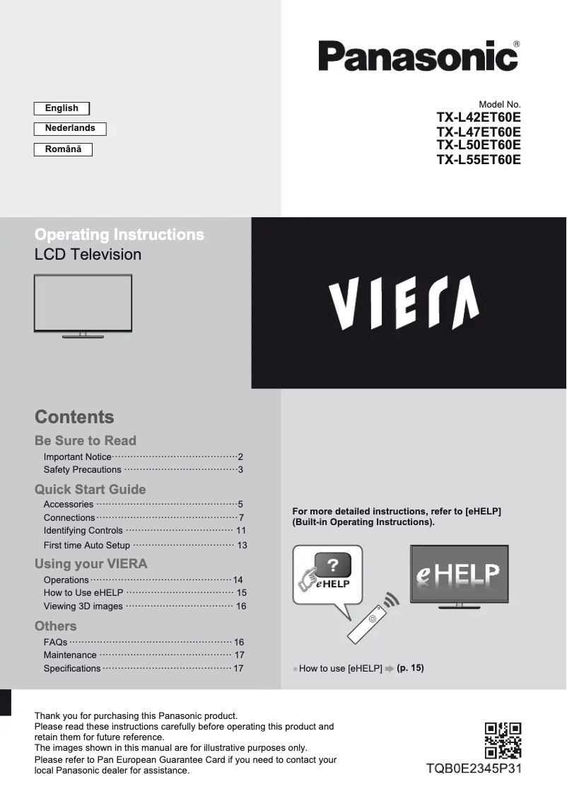 Page 1 de la notice Manuel utilisateur Panasonic Viera TX-L50ET60E