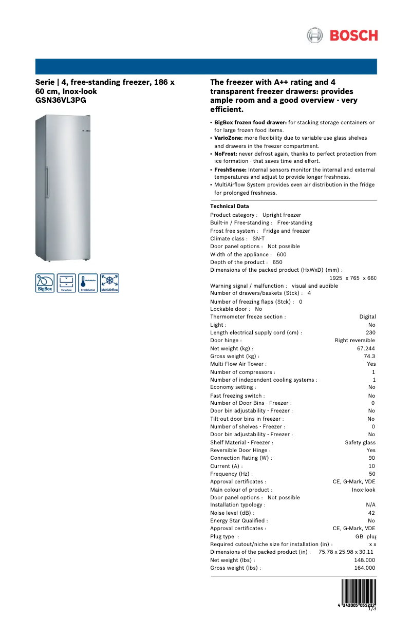 Página 1 del manual Ficha técnica Bosch GSN36VL3PG