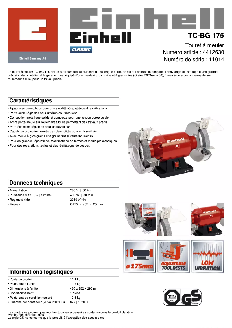 Page n°1 - Fiche technique Einhell TC-BG 175