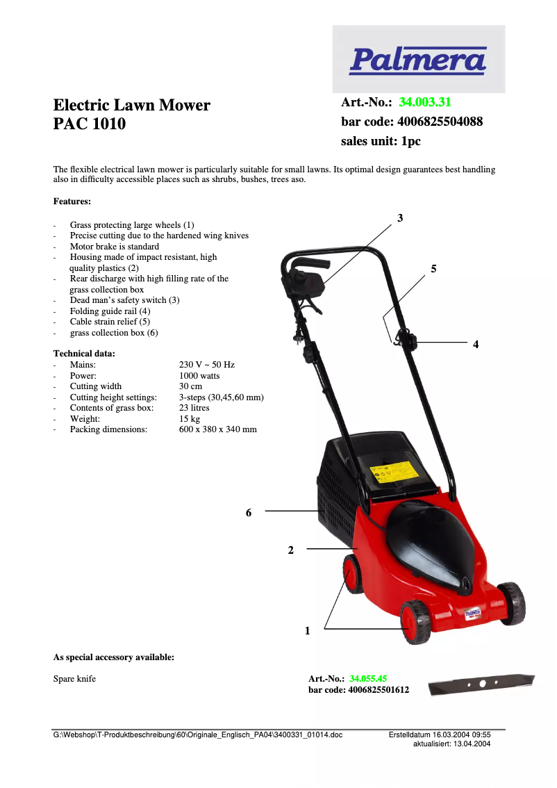 Page 1 de la notice Fiche technique Palmera PAC 1010