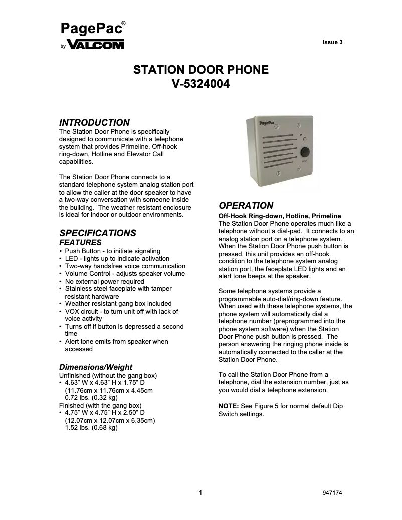 Page n°1 - Manuel utilisateur Valcom V-5324004