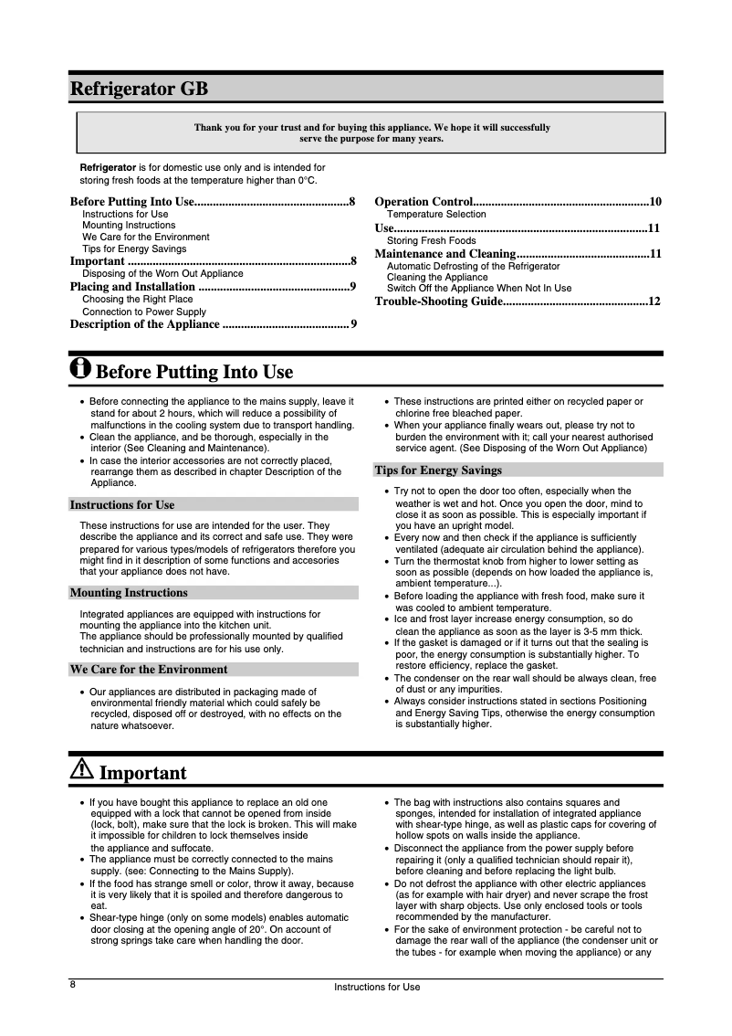 Page n°1 - Manuel utilisateur Gorenje RI4184W