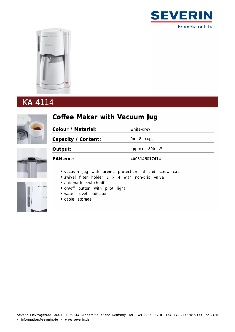 Page 1 de la notice Fiche technique Severin KA 4114