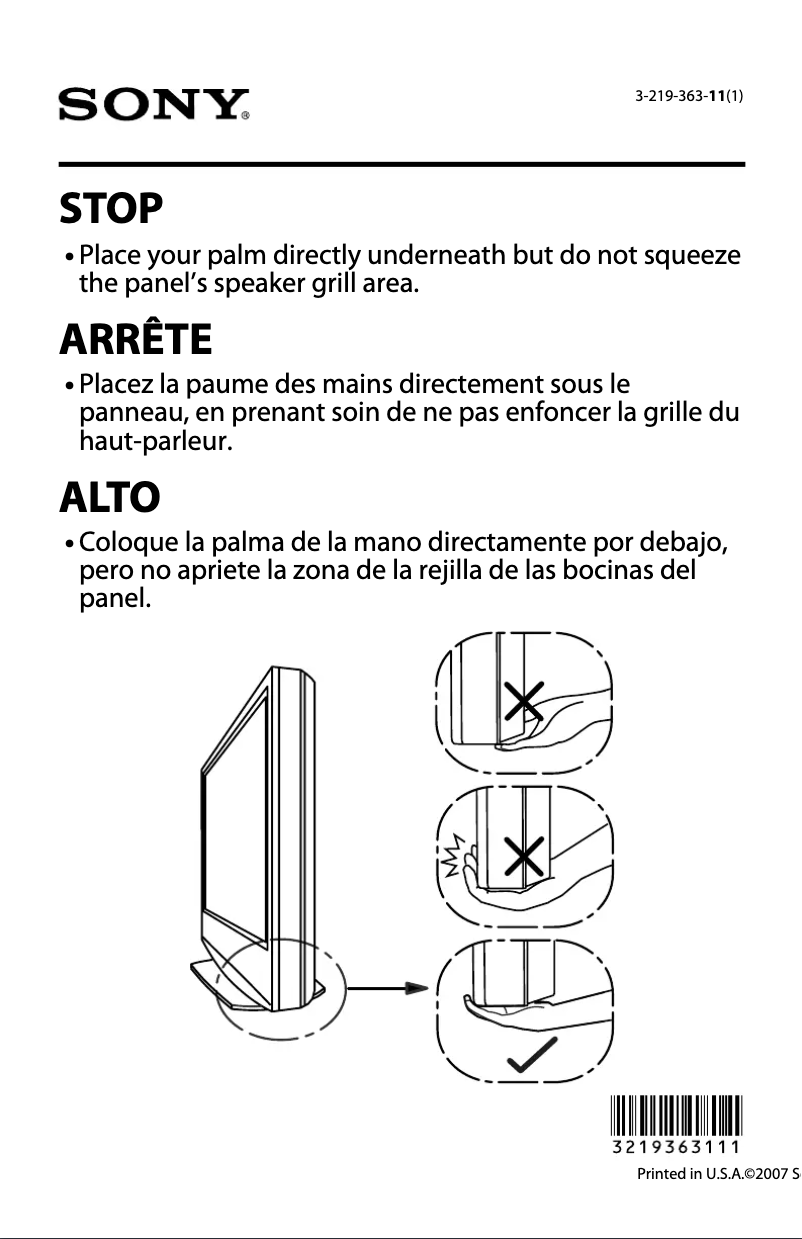 Page 1 de la notice Instructions / montage Sony Bravia KDL-40VL130