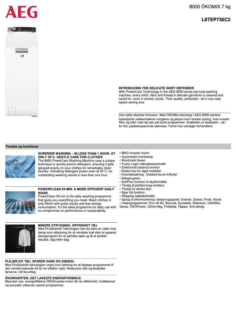 Page n°1 - Fiche technique AEG L8TEP736C2
