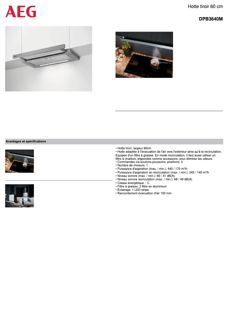 Page 1 de la notice Fiche technique AEG DPB3640M