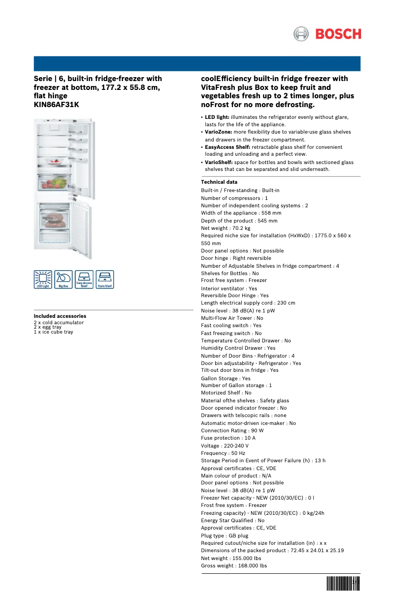 Page n°1 - Fiche technique Bosch KIN86AF31K