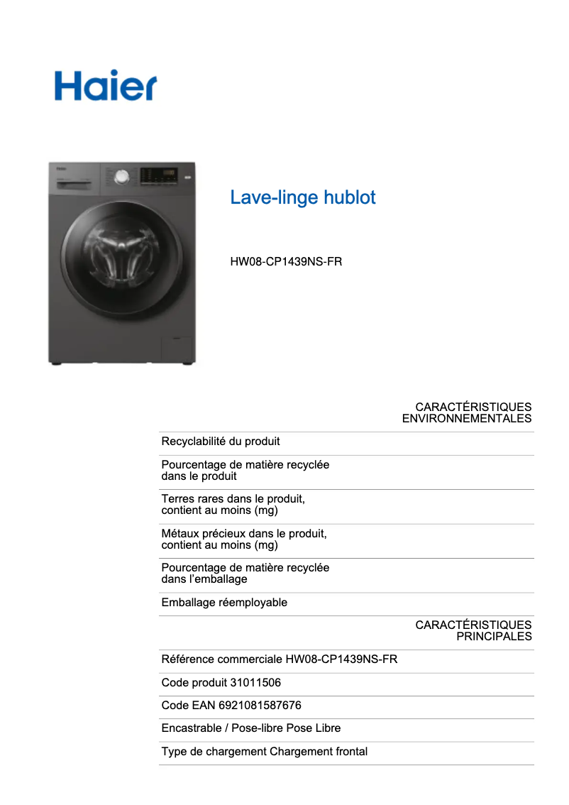 Page 1 de la notice Label énergétique Haier HW08-CP1439NS