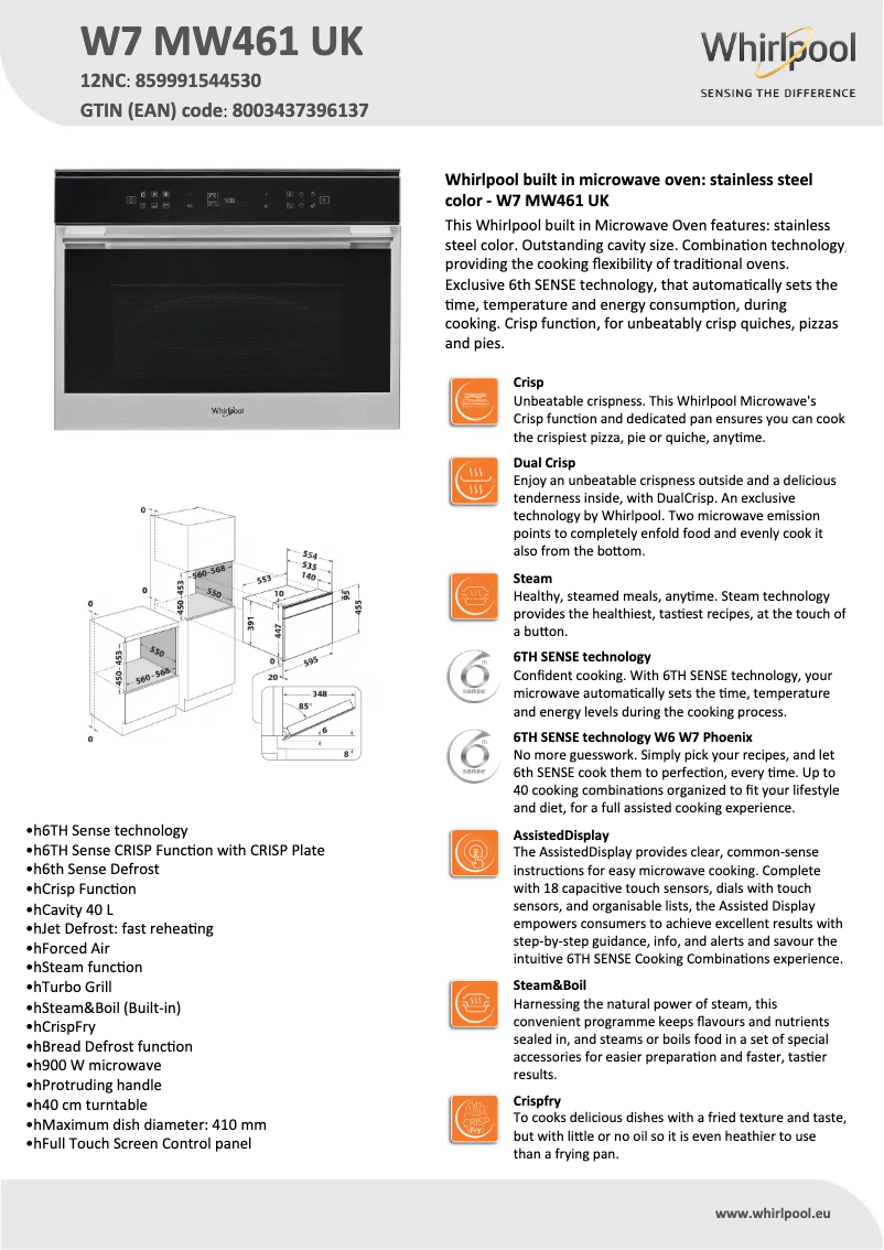 Page 1 de la notice Mode d'emploi Whirlpool W7MW461UK