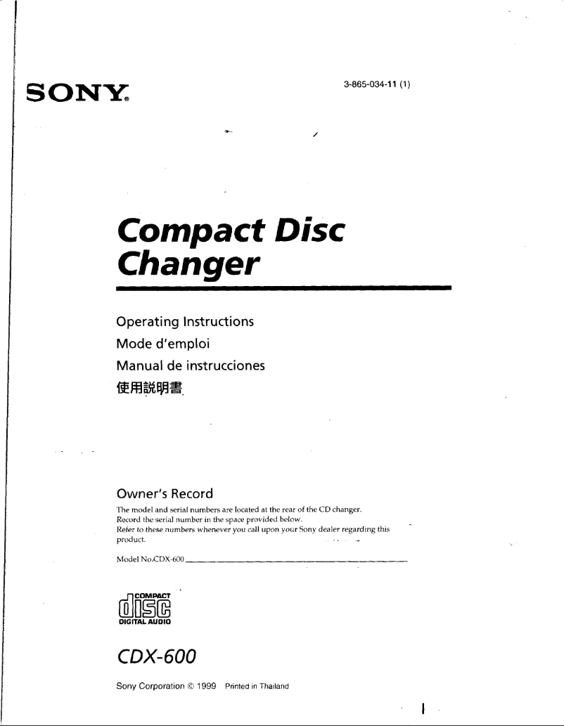 Page n°1 - Manuel utilisateur Sony CDX-600