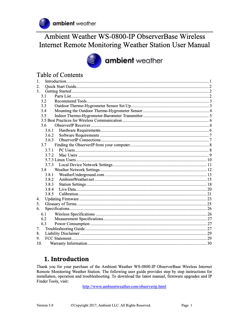 Page 1 de la notice Manuel utilisateur Ambient Weather WS-0800-IP