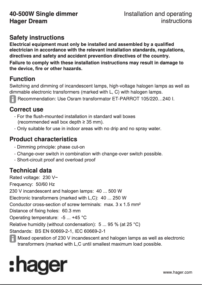 Page n°1 - Manuel utilisateur Hager WGDEDR500