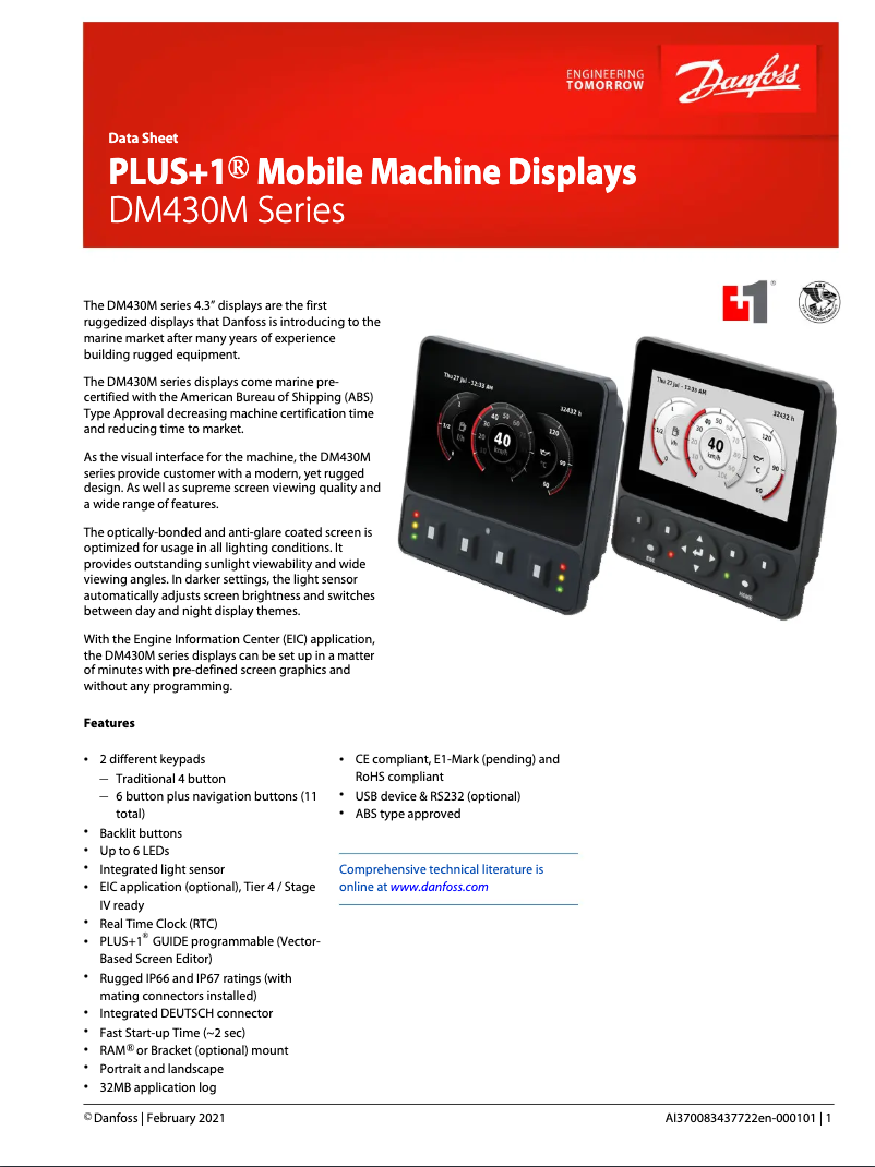 Page 1 de la notice Fiche technique Danfoss DM430M