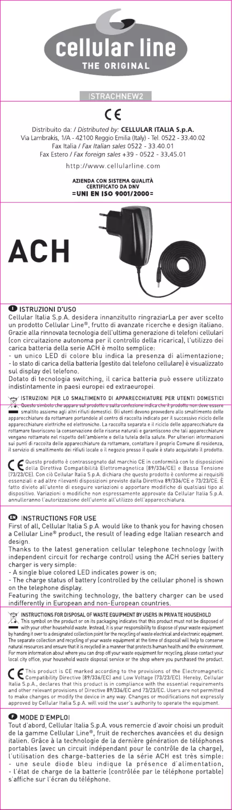 Página 1 del manual Manual de usuario Cellular Line ACHIPHONECL