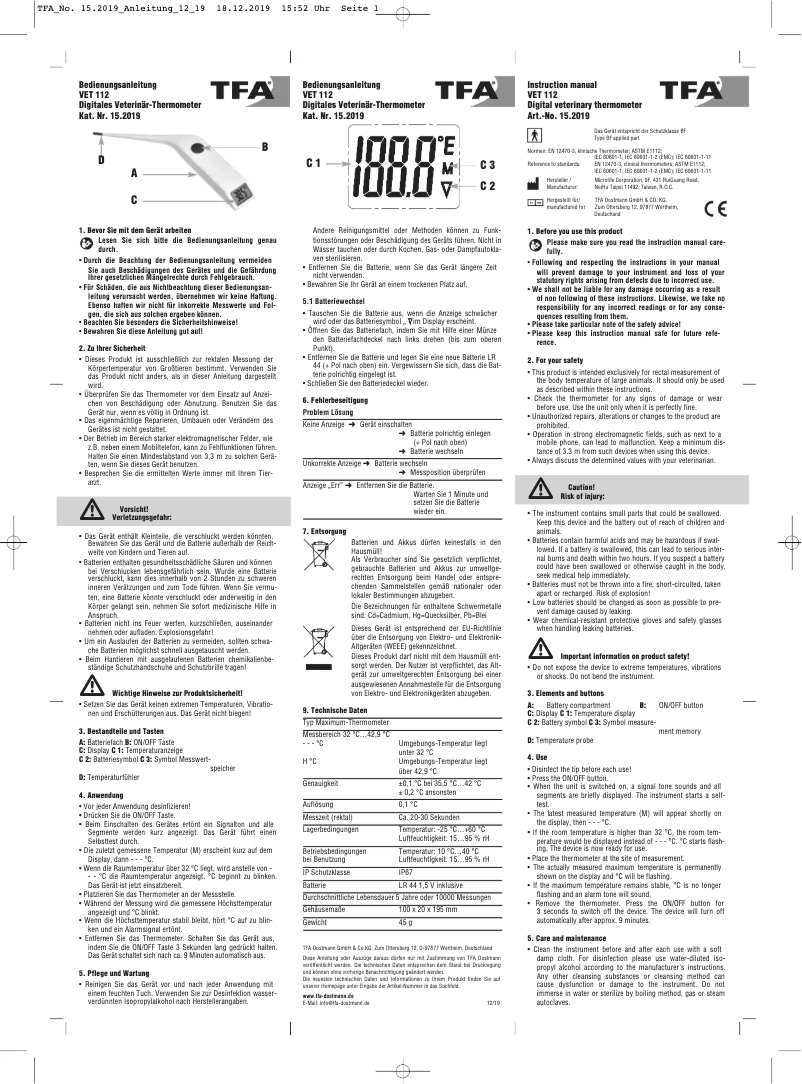 Image de la première page du manuel de l'appareil VET 112 15.2019