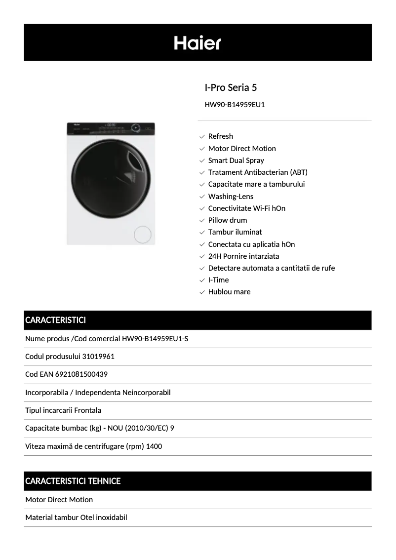Page 1 de la notice Fiche technique Haier HW90-B14959